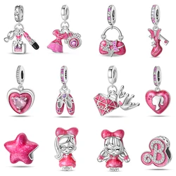 100% Plata de Ley 925 moda falda de princesa rosa bolsa lápiz labial dijes cuentas compatibles con Pulseras originales Qikaola regalos de joyería DIY