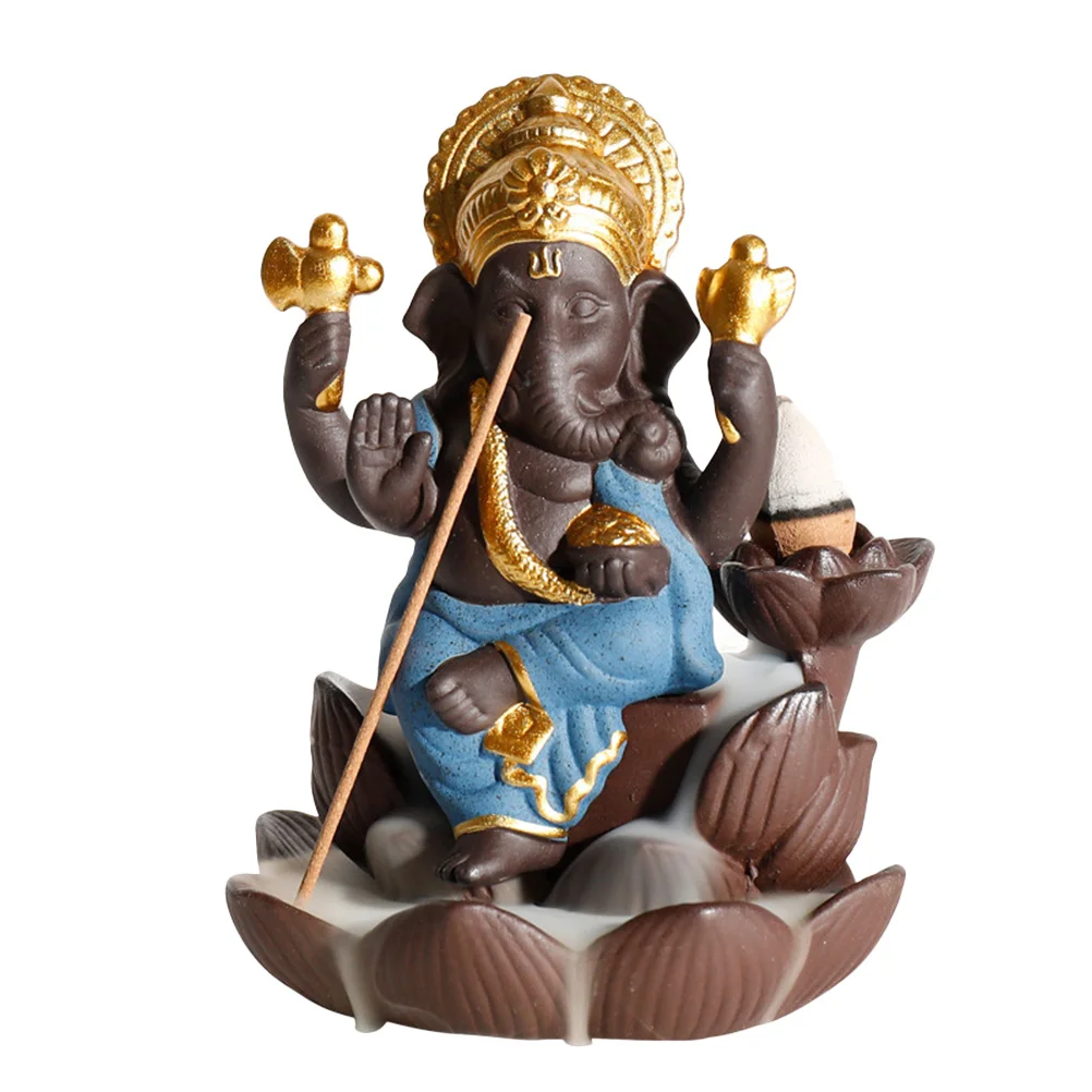 

Backflow Incense Burner Ceramic Elephant God Statue Purple Clay Handmade Home Decor for Meditation Yoga Room Study Blue