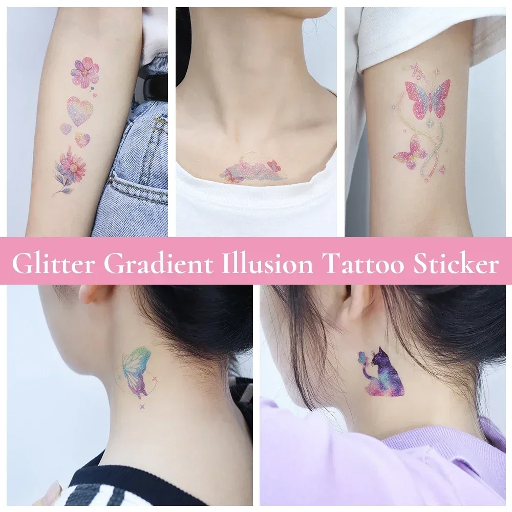 Glitter Gradient Tattoo Stickers Butterfly Mermaid Temporary Tattoos Illusion tatuajes temporales For Women Kid Face Hand Tattoo