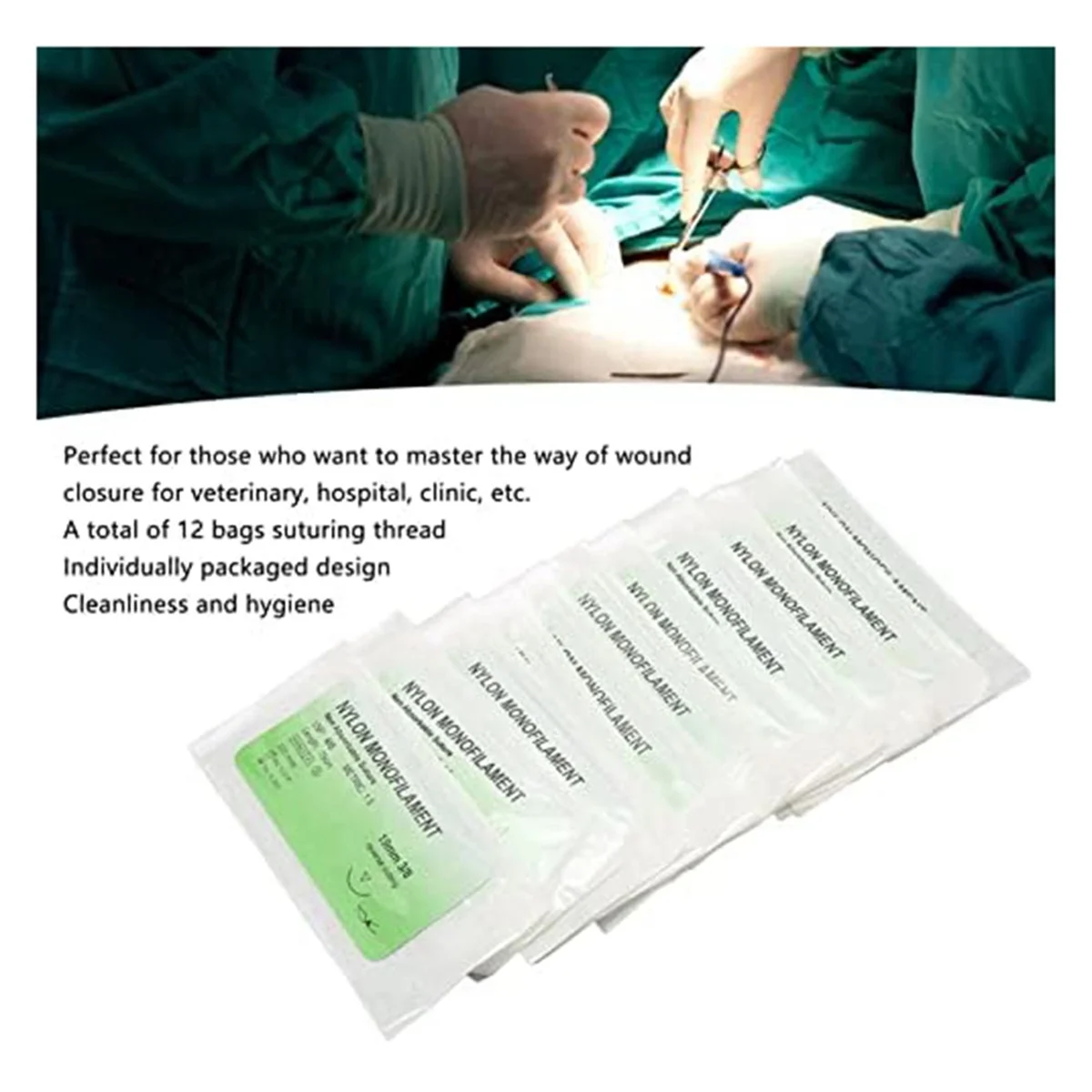 12Pcs Suture Practice Thread Individual Package Suturing Thread Set with CurvedNeedle and Nylon Materials (4/0)