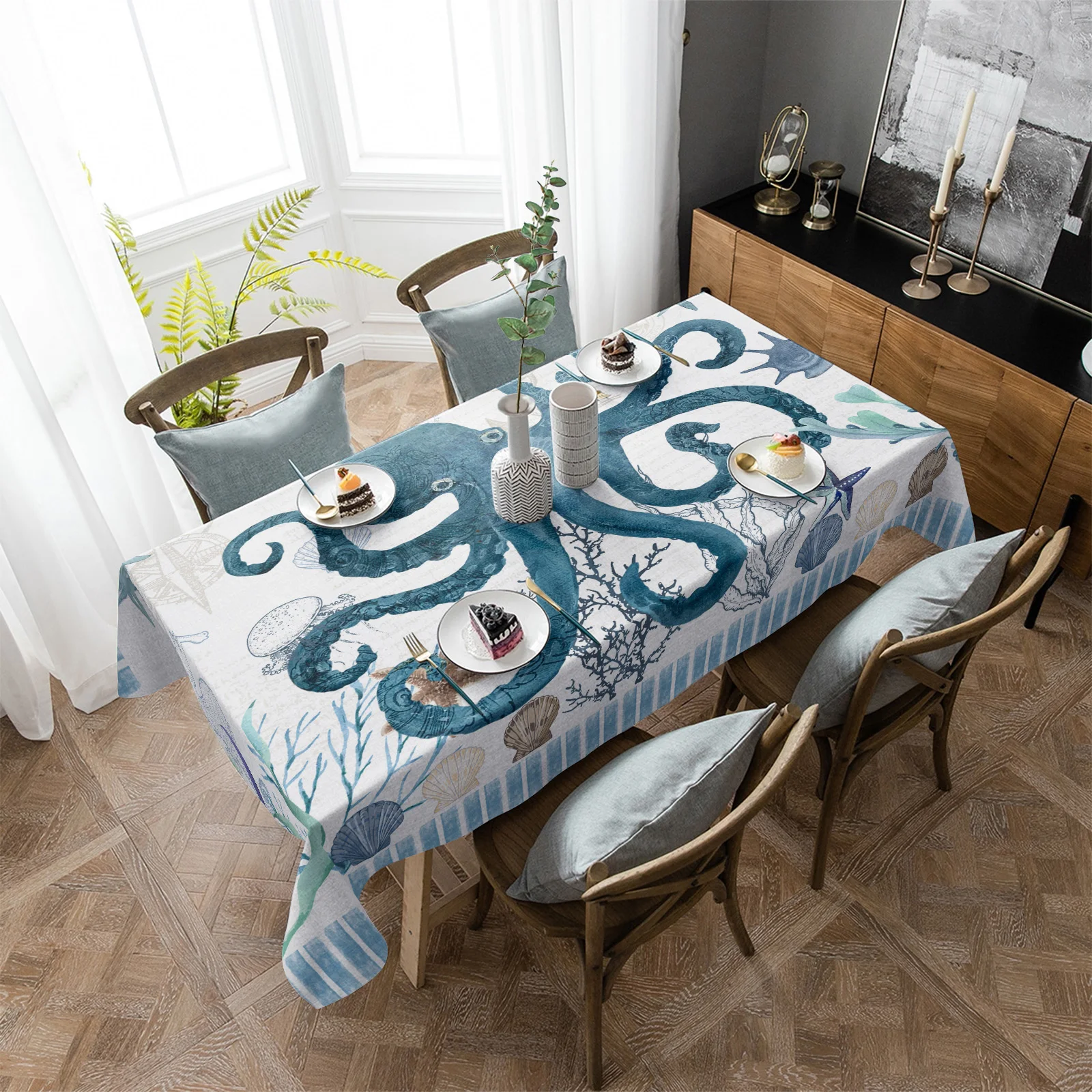 

Mediterranean Style Ocean Starfish Octopus Rectangular Tablecloth Dustproof Picnic Cloth Home Kitchen Waterproof Table Cover