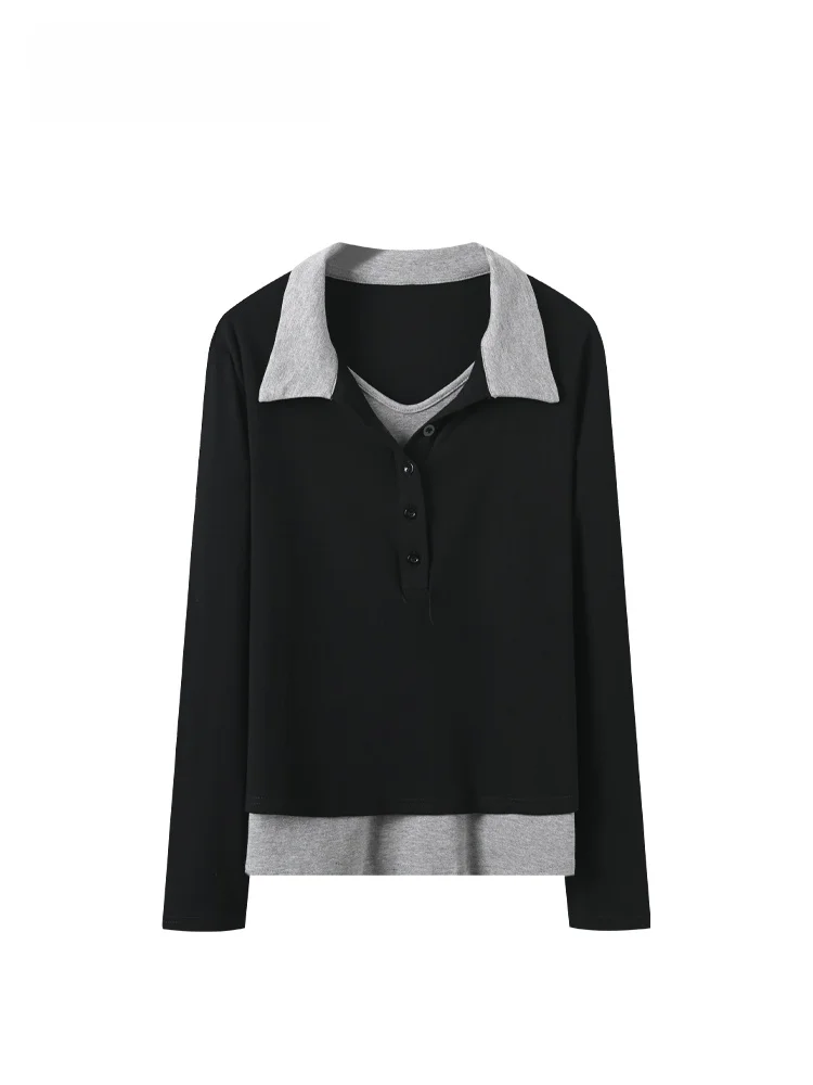 

Spring Casual Sle Women's plus Size Knitted Long Sve Top Patched Design College Sle Fat Sister Fake Two-Piece irt