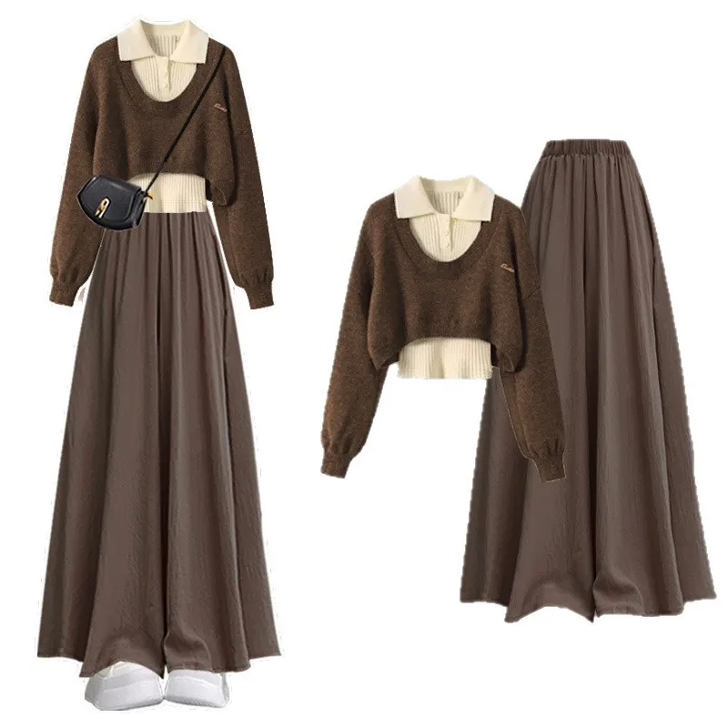 Autumn Set 2025 New Mirad Worn Design Knit Sweater Base Sweater Paired with Slimming Skirt Pants Three Piece Set Pant Sets