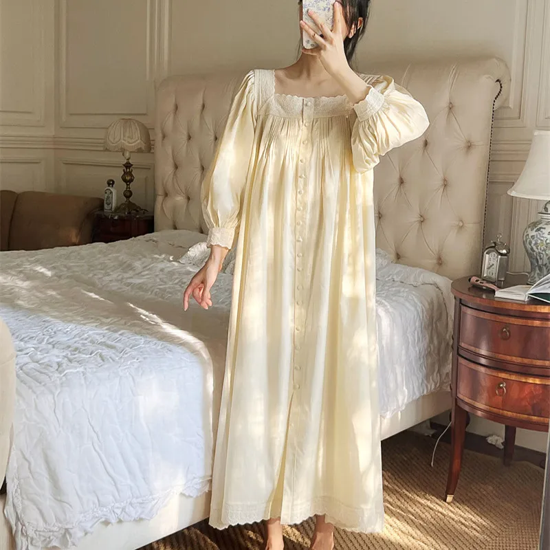 Vintage Embroidery Cotton Long Nightgowns For Lady Long Sleevec Elegant Cardigan Nightshirts Spring Autumn Comfortable Nigtwear