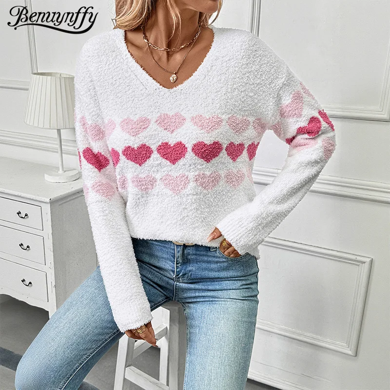

Benuynffy Heart Pattern V-neck Knitted Sweater Women's Autumn 2025 New Sweet Casual Pullover Long-sleeved Female Knitwear