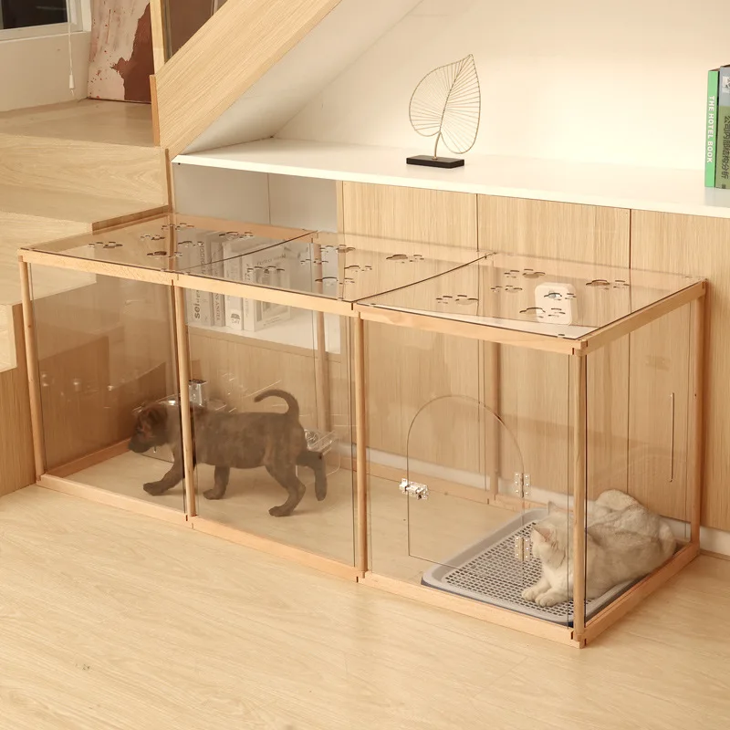 Modular Pet Fence Wood Acrylic Dog Fence Transparent Indoor Cat Activity Enclosure Breathable Top Cover Dogs Playpen House