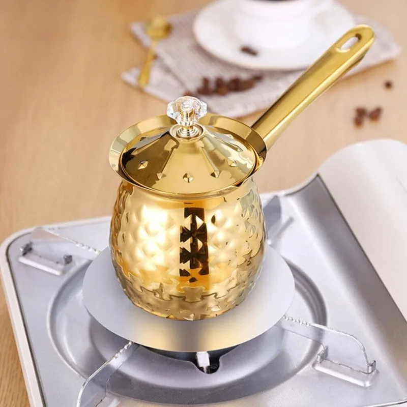 Gold Hammered Milk Pot Stainless Steel Turkish Coffee Pot with Lid Long Handle Saucepan Butter Melting Pot Kitchen Tools view 4