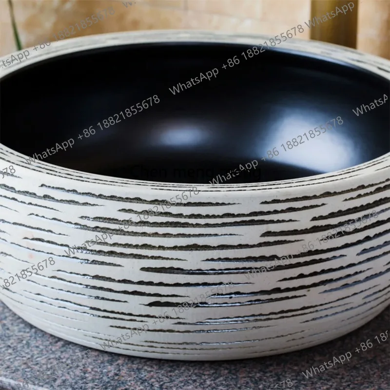 Ceramic Art Hotel Wash Basin Retro  Carving Line Waist Drum Table Basin Countertop Basin