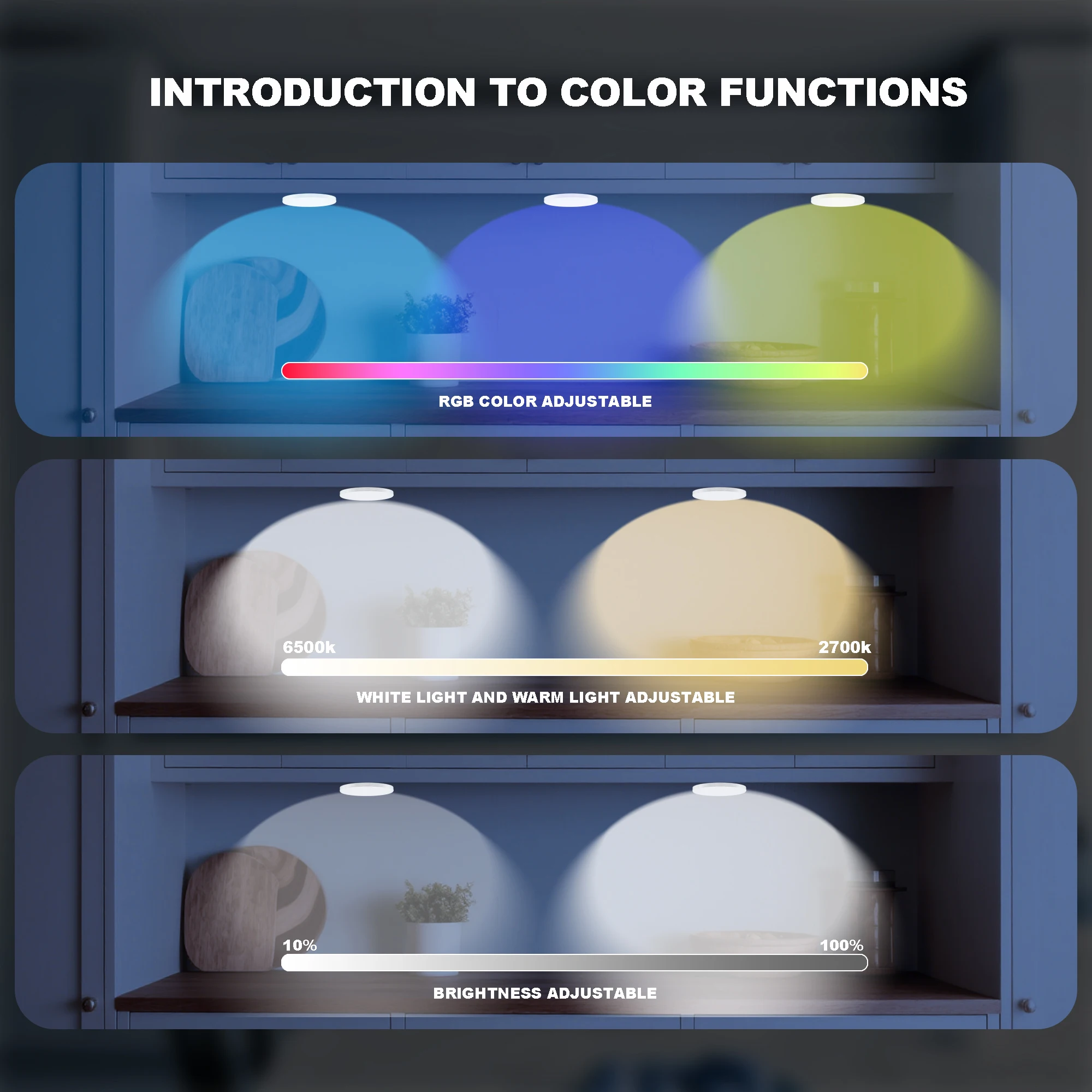 WIFI RGB+CW IC LED Round Under Cabinet Light Kit Color Change + White light 2700K-6500K Dimming for Kitchen Google Home,Alexa