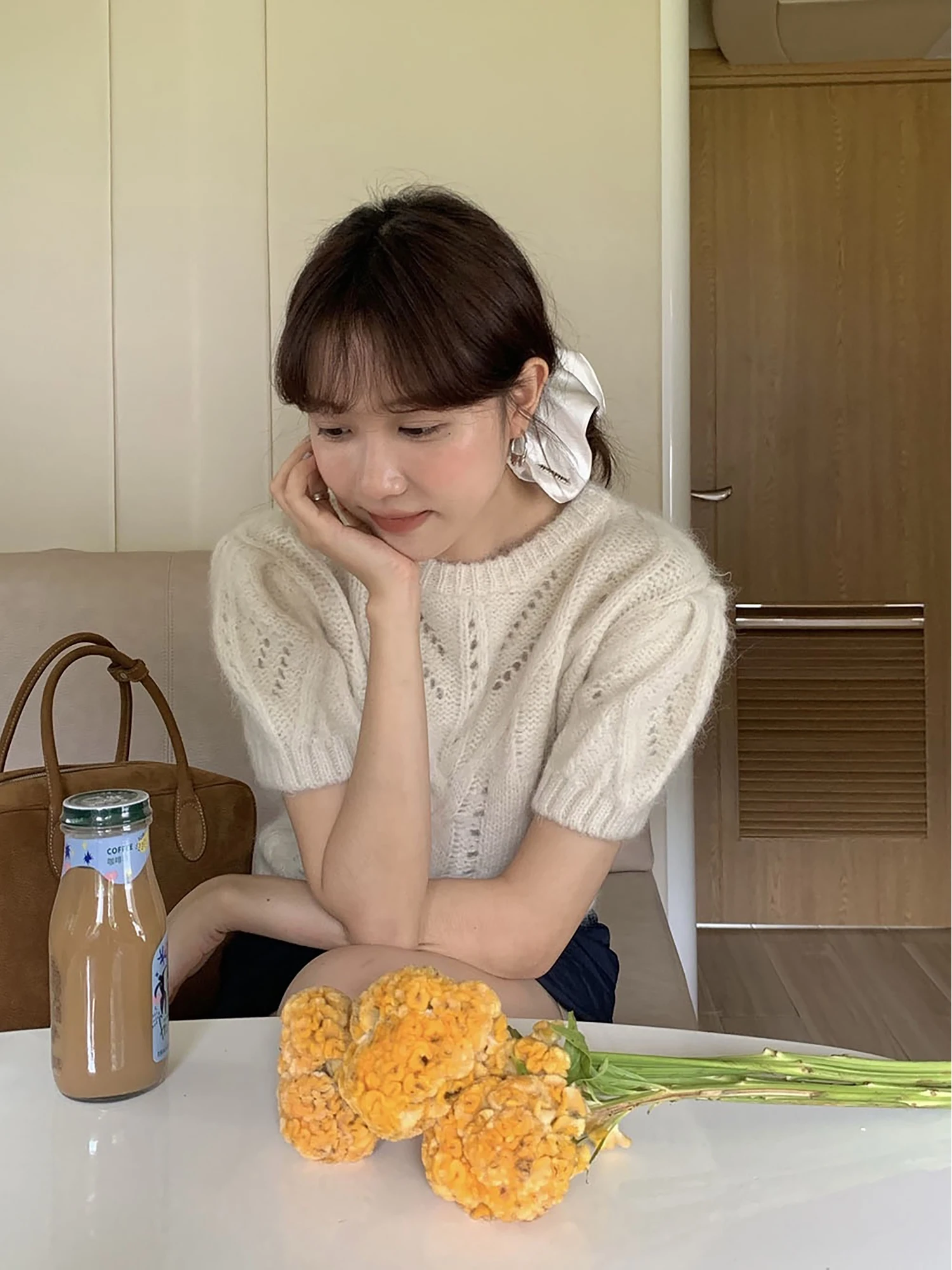 

Vanwenwen London Morning Fog Vintage Bubble Sve White ort Sve вязаный свободный топ для похудения для женщин удобный трикотаж