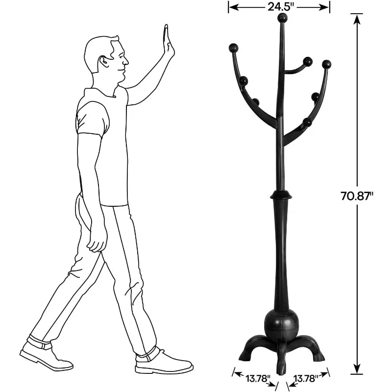 Heavy Duty Coat Rack Freestanding Wood Tree Rack with 8 Hooks,  with Sphere Base for Entryway, Hallway, Bedroom Black