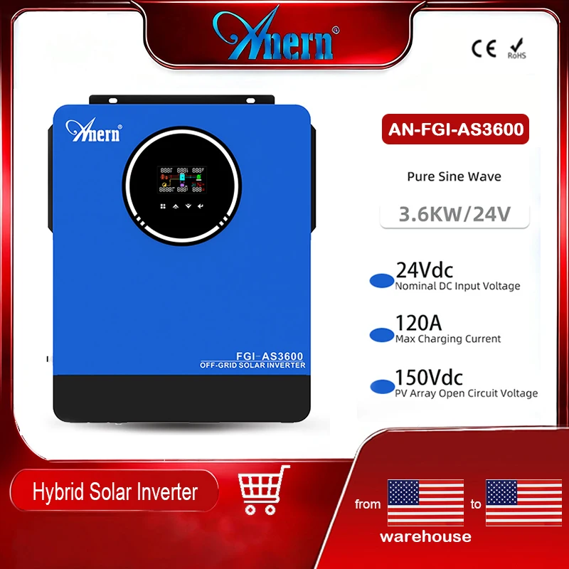 Anern 3600W Hybrid Solar Inverter for US 110V/120Vac Built-in MPPT 24V Battery Compatible Renewable Energy Conversion System