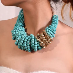 Fashion Exaggerated Individual Turquoise Beaded Necklace Women Girl Trendy Vintage Wedding Party Jewelry