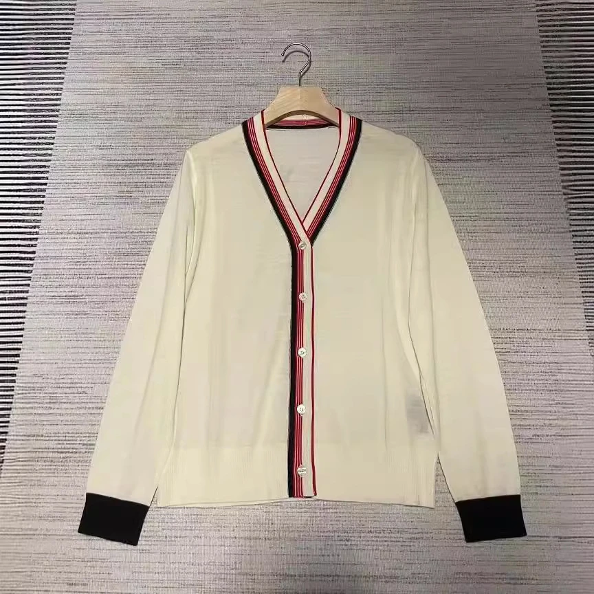 Cardigan de seda feminino com botão frontal, cardigã, decote em v, contraste, jaqueta viajante, início da primavera, novo, L P, 2024