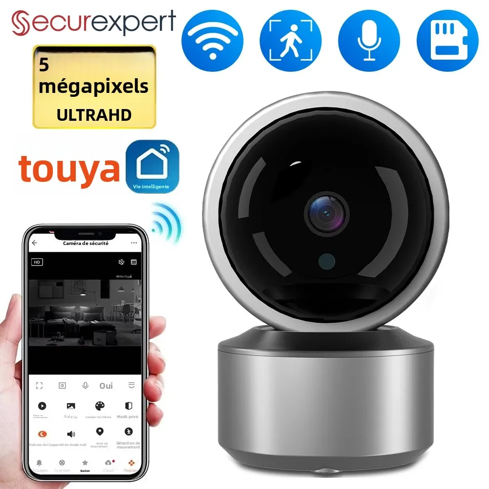Caméra de sécurité pour babyphone WiFi 5MP, application Tuya Smart Life, 355 °   Suivi automatique PTZ, vision nocturne IR, caméra IP intérieure audio bidirectionnelle