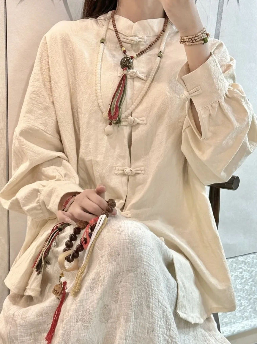 

Женская летняя хлопково-льняная солнцезащитная рубашка-накидка с рукавами «летучая мышь», на пуговицах, в традиционном китайском стиле, свободного кроя