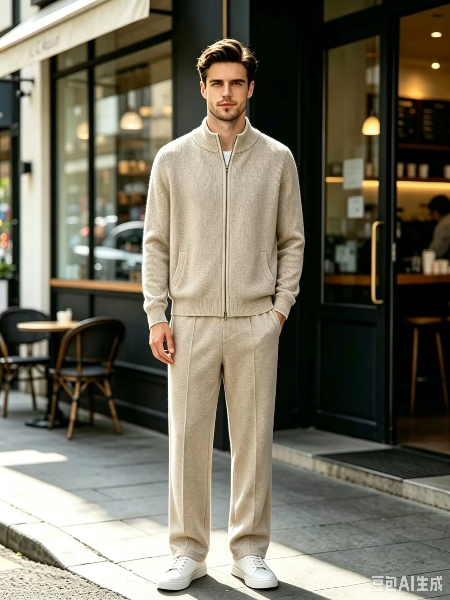 Men Cashmere Knitted TwoPiece Set Stand Collar Zip Up Cardigan Center Seam Straight Pants Solid Casual Suit Autumn Winter Outfit
