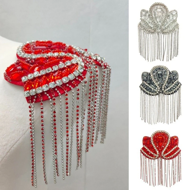 1pc-タッセルエポレット高耐久ラインストーンビーズ装飾タッセルパンクショルダーパッド-diy-ファッションコスチュームアクセサリー