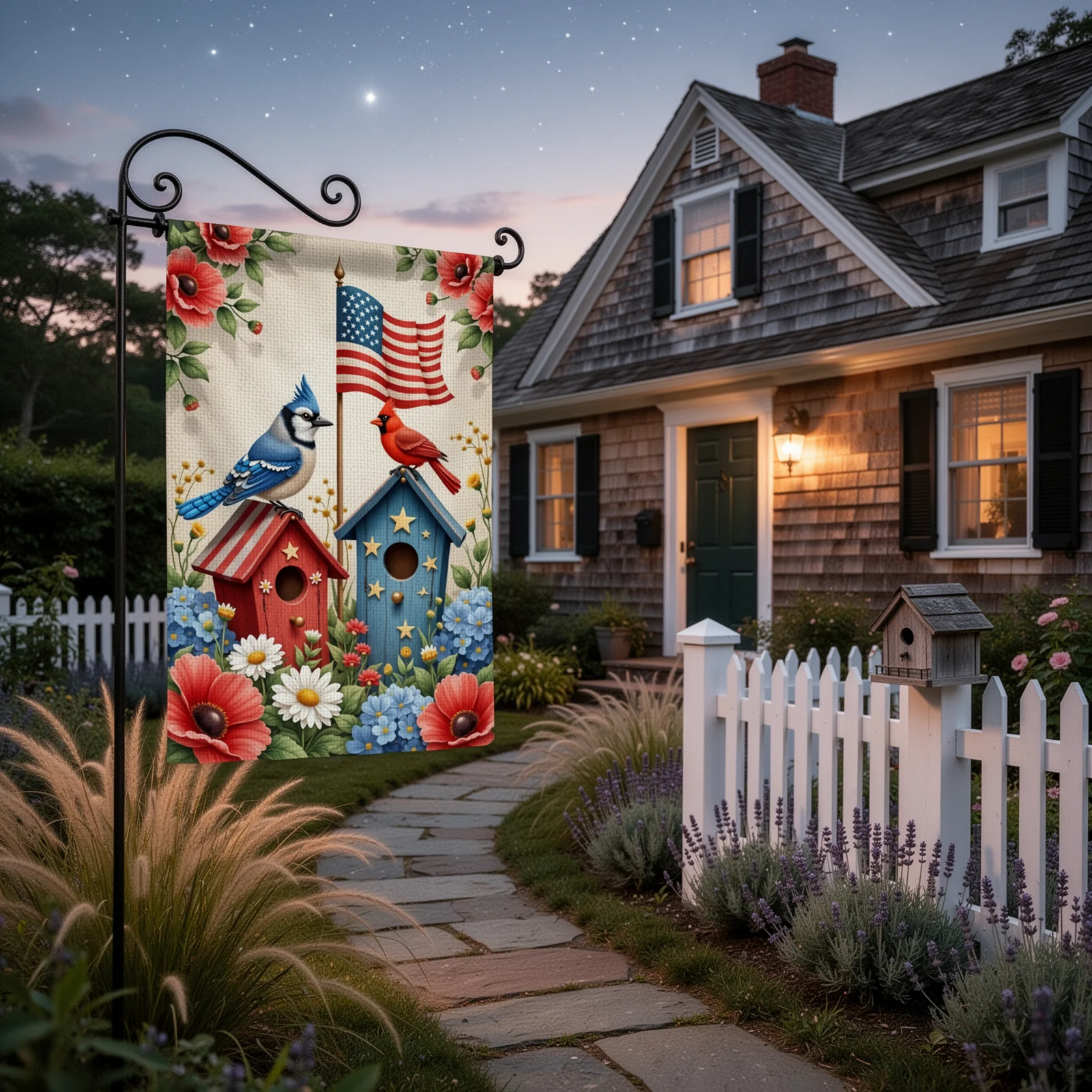 Patriotic Garden Flag Red White Blue Yard Banner Star Pattern Birdhouse Motif Outdoor Decor Flag for July 4th Celebration - view 5