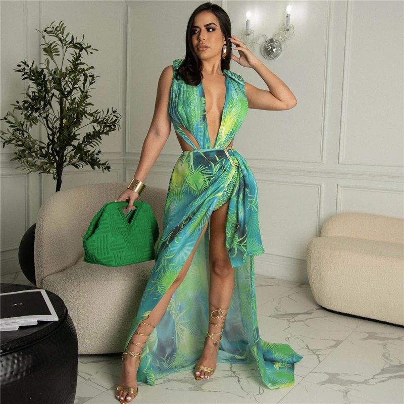 Leaf Print Two Piece Set Women Party Dress Clubwear Bodysuit Top and Split Maxi Skirt Sets Summer Holiday Beach Birthday Outfits