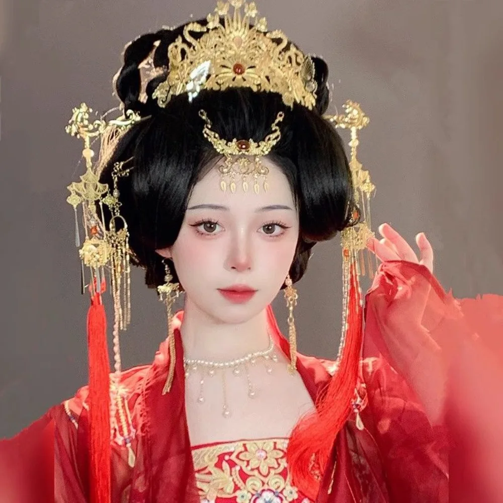 Original Chinese Hair Crown Hanfu Wedding Phoenix Crown Vintage Bride Headwear Tassel Hairpin Hair Fork Full Set