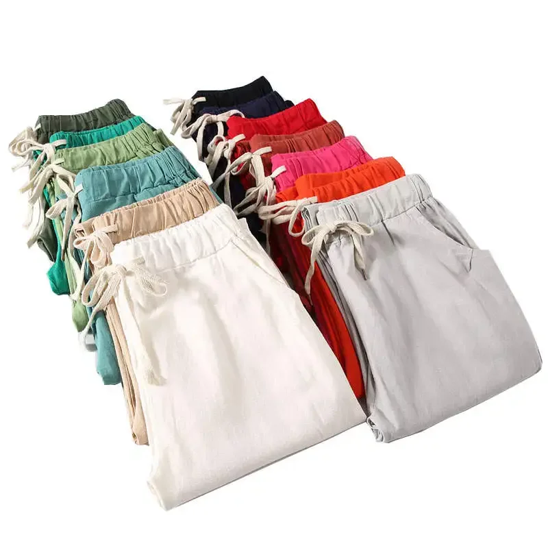 Lace Up Summer Pants Women Sweatpants Pantalon Cotton Linen Harem Casual Plus Size Trousers Women Femme Candy Colors