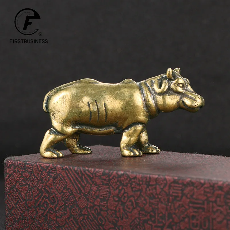 Retro Brass Hippo Small Statue Tea Pet Desktop Ornament Home Decoration Animal Figurines Miniature Crafts Accessories Collection