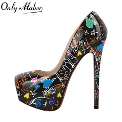 Onlymaker Women Platform Graffiti Stiletto Heels 16cm Extremely High Pumps Large Sizes Plus Size 46 Shoes