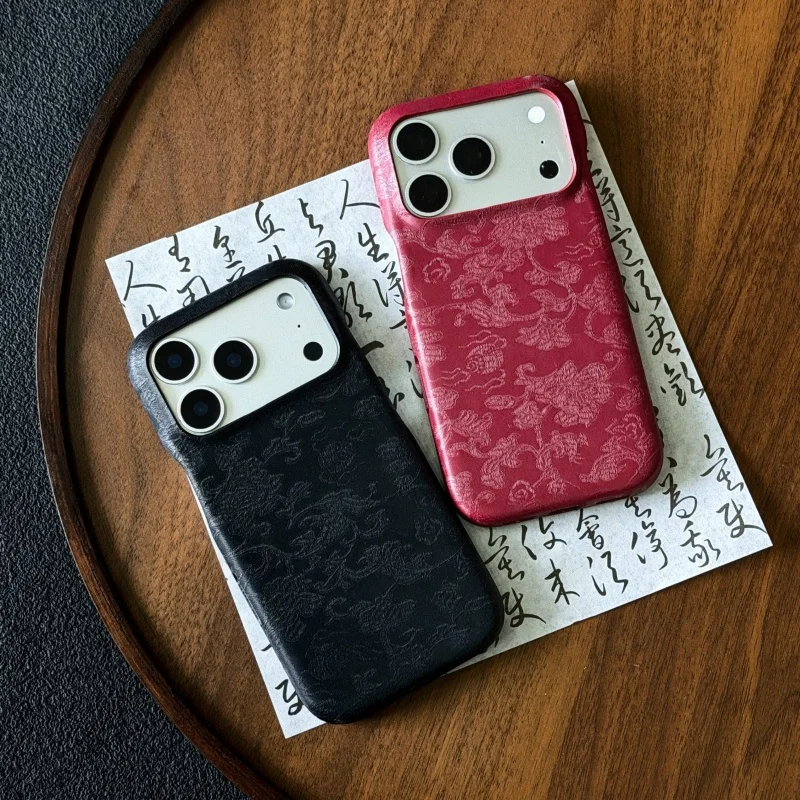 Luxury retro Chinese style silk pattern shiny Phone Case For iPhone 13 14 15 16 17Pro Max fashion embossing leather Cover﻿﻿﻿﻿﻿﻿﻿