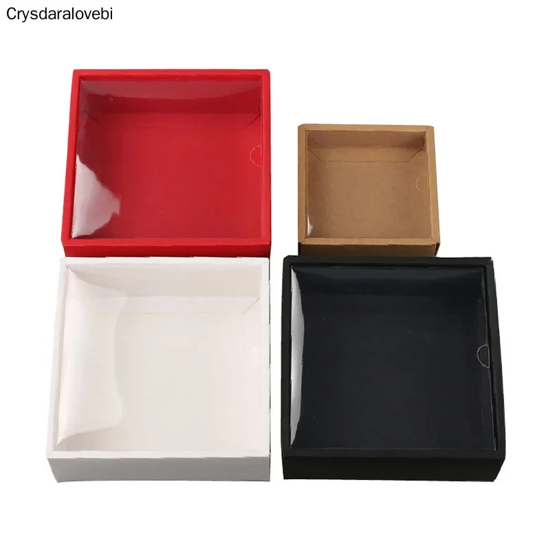 200pcs White Kraft Paper Gift Box With Transparent PVC Window Black Cake Boxes Red Wedding Cookie Candy Packaging Boxes