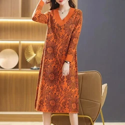Knitted V-Neck Pullover Sweater Dress Women's Autumn Winter 2024 New Large Size Thicken Woolen Sweater Dress Female Vestidos