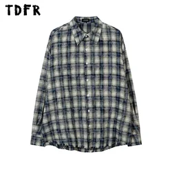 Raw edge Plaid Long Sleeve Shirts Mens Retro Streetwear Autumn High Street Lapel Single Breasted Shirts Men