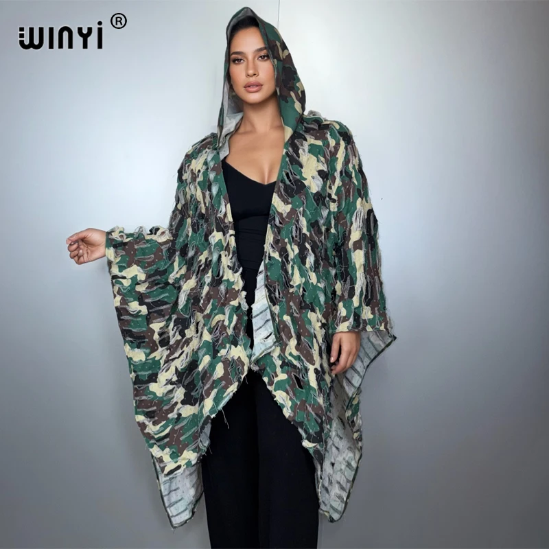 

WINYI Camouflage cloak Hooded cardigan Africa clothes fashion abaya cloak poncho for women denim jacket woman cape loose dress