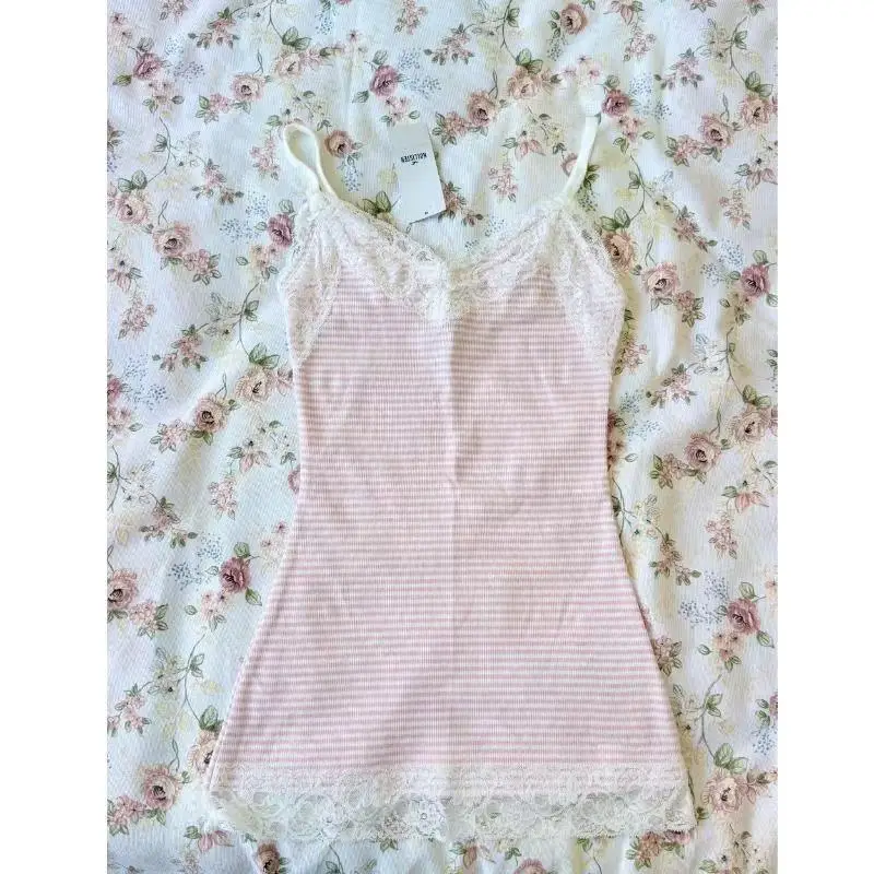 Y2K Coquette Sweet Women Cami Tank Top Light Pink Vertical Ribbed V‑Neck Lace Trim  Slim Fit Aesthetic Layering Camisole Tops