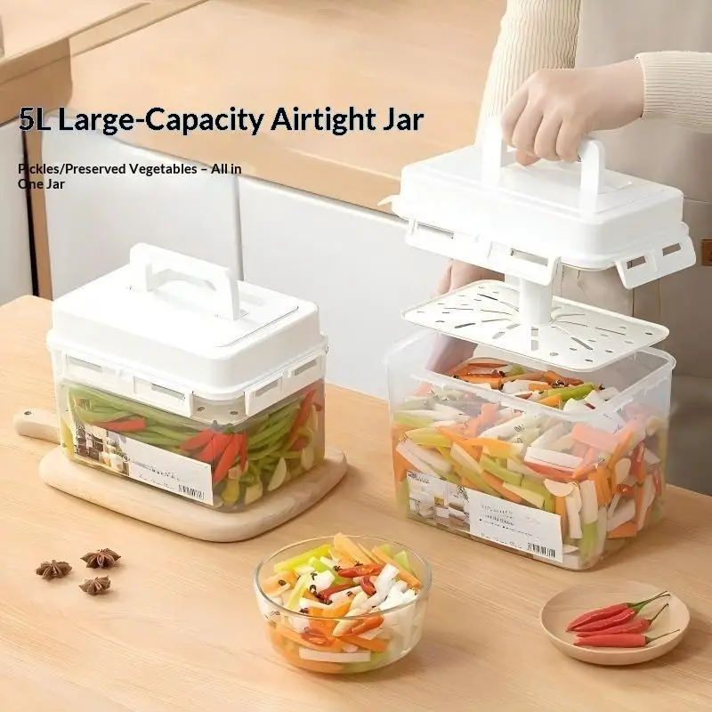 1Pc 4L Airtight Pickle Jar Plastic Leakproof With Press Plate Storage Container For Gherkin Sauerkraut Olive Kimchi Kitchen Bin