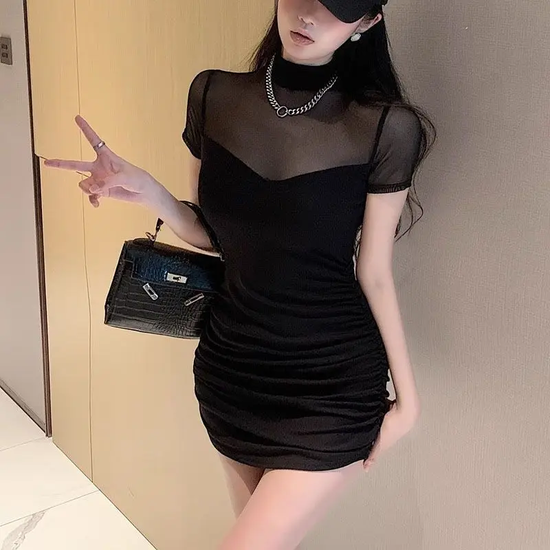 Elegant Short Sleeve Mesh Splice Slim Fit Waist Cinched Mini Dress Street Style Pure Color Polka Dot Print Casual Wear