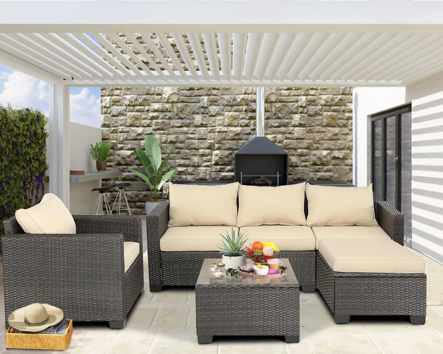 Patio Furniture Set Outdoor Sectional Wicker Patio Patio Couch with Ottoman for Lawn, Balcony, Garden, Backyard