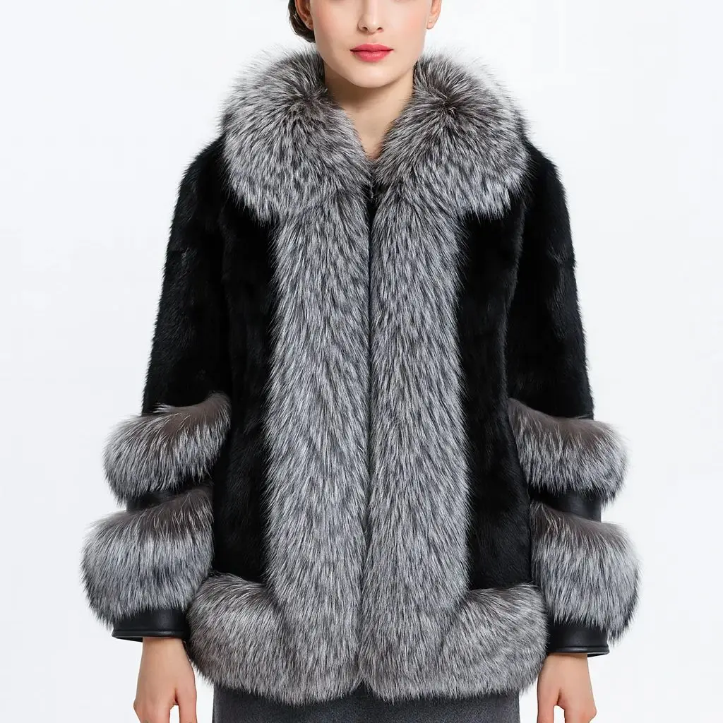 Women Real Mink Fur Coat with Silver Fox Collar Winter Luxury Jacket B230611