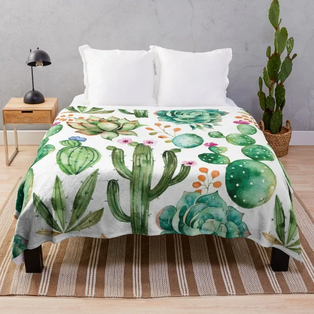 

Watercolor Cactus Pattern Throw Blanket Durable Warm Blanket for Daily Home Use