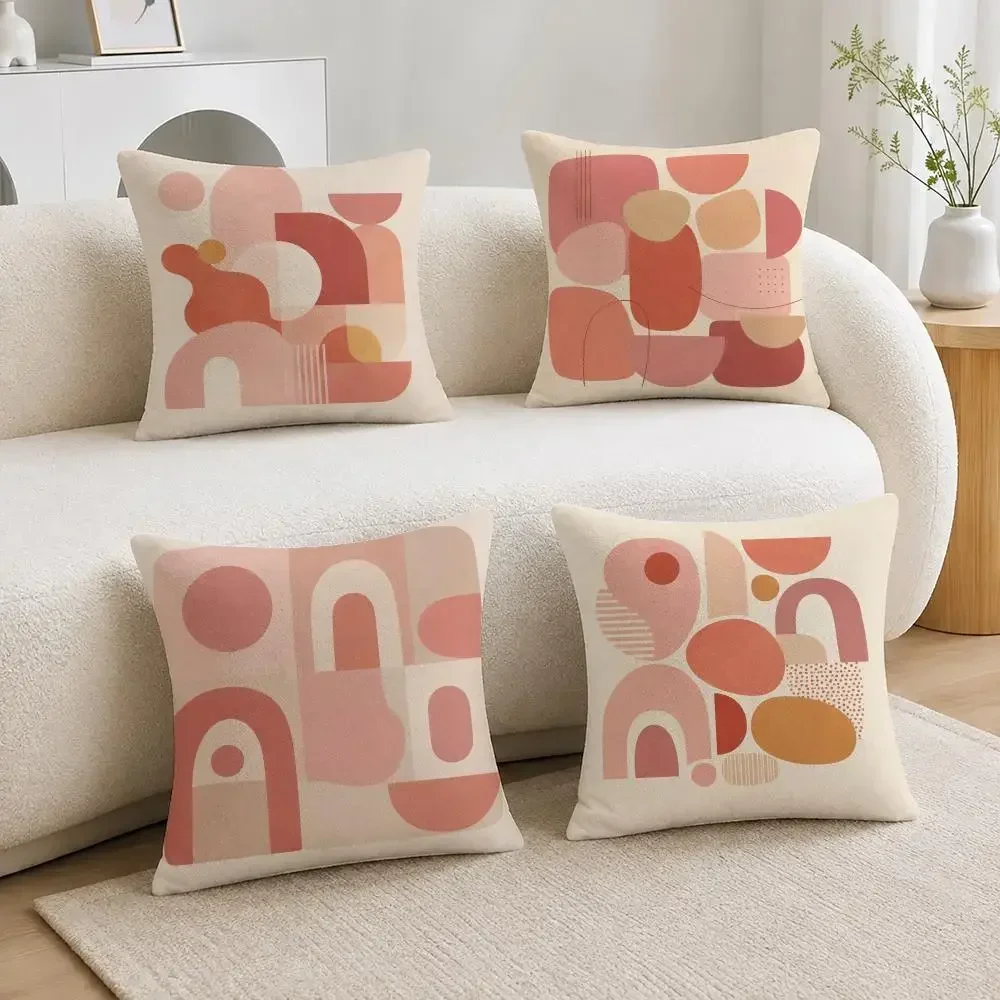 Pattern Pink Red Morandi Geometric Abstract Cushion Cover Soft Plus Fluffy Throw Pillow Cases For Sofa Bedroom Home Decor