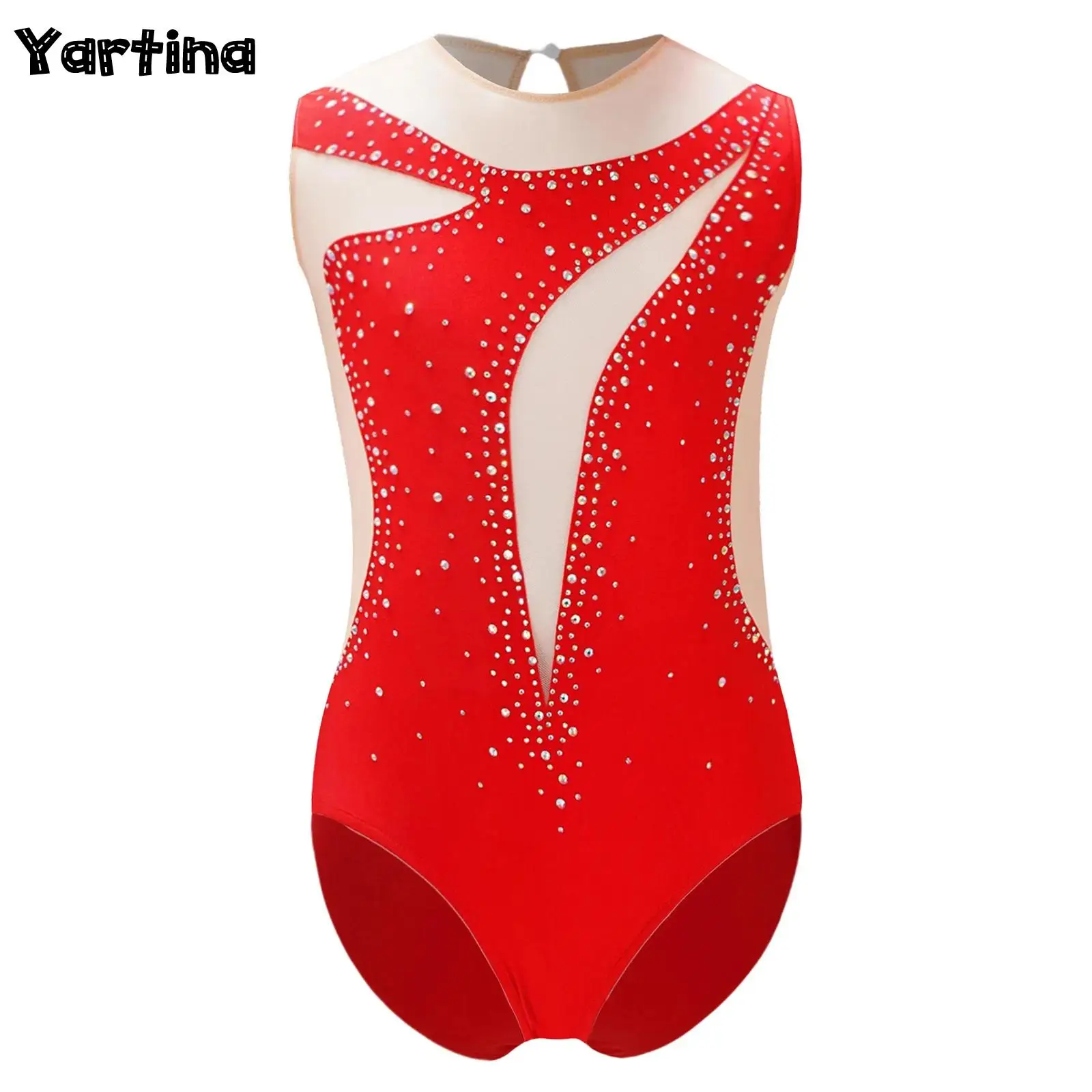 

Kids Girls Shiny Rhinestone Ballet Jersey Leotard Gymnastics Artistic Figure Skating Performance Costume Sheer Mesh Bodysuit