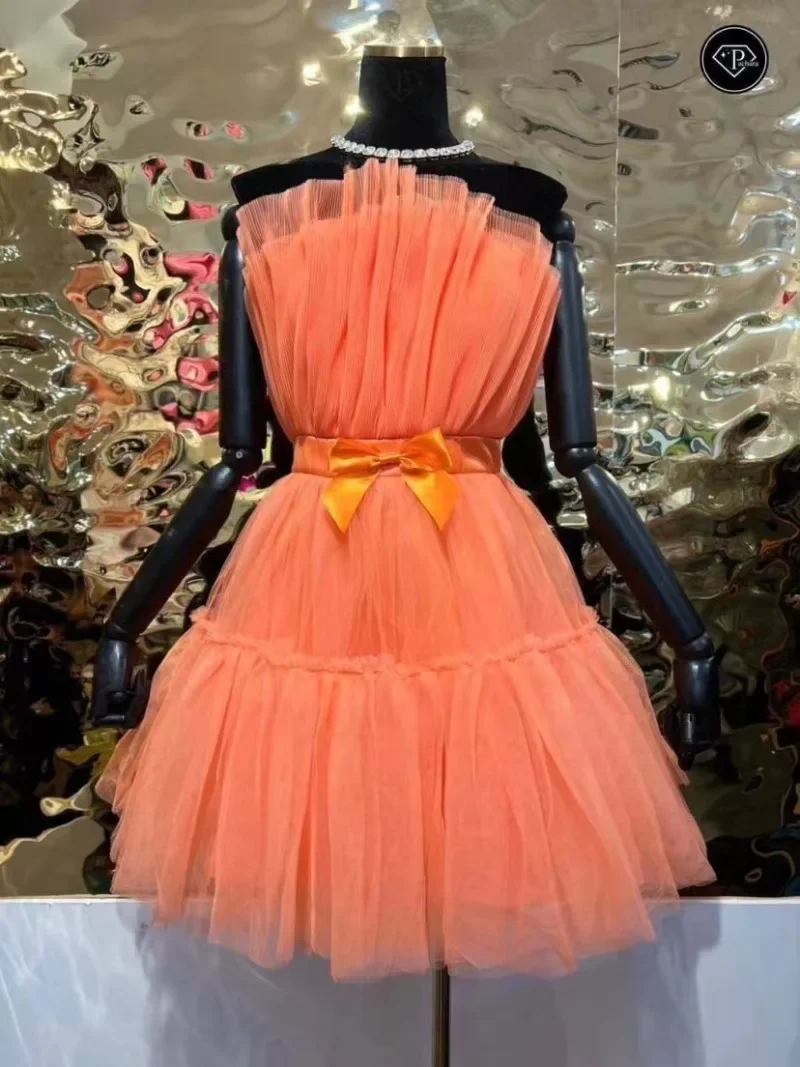

Women Elegant Sexy Mesh Bow Mini Evening Party Dresses Ball Gown Strapless Backless Pleated Birthday Outfits Clubwear Vestidos