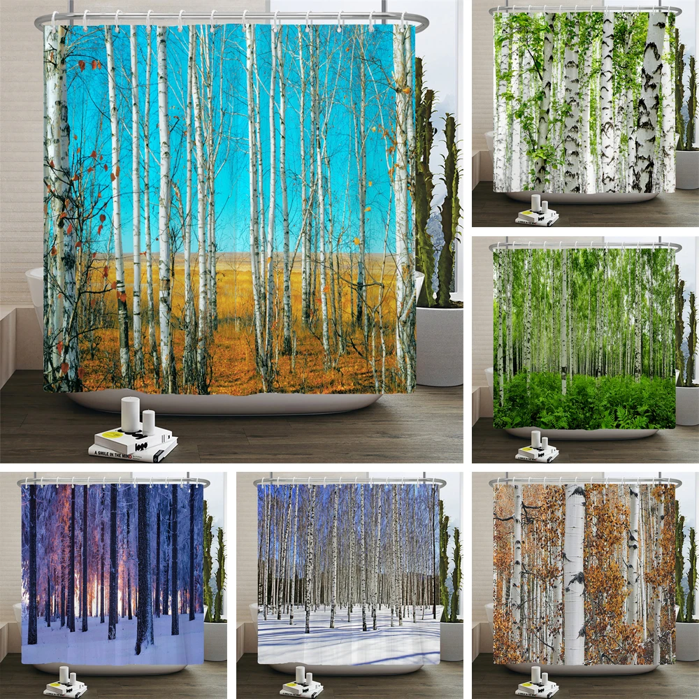 Birch Forest Trees Shower Curtain Natural Landscape Prints Fabric Waterproof Polyester Bathroom Curtains Decoration with Hooks