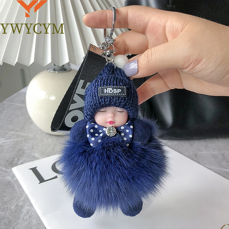 

New Cute Sleeping Baby Pompom Keychain Real Fox Fur Pendant For Women Bag Car Key Ring Girl Gift Charm Plush Doll Key Chain