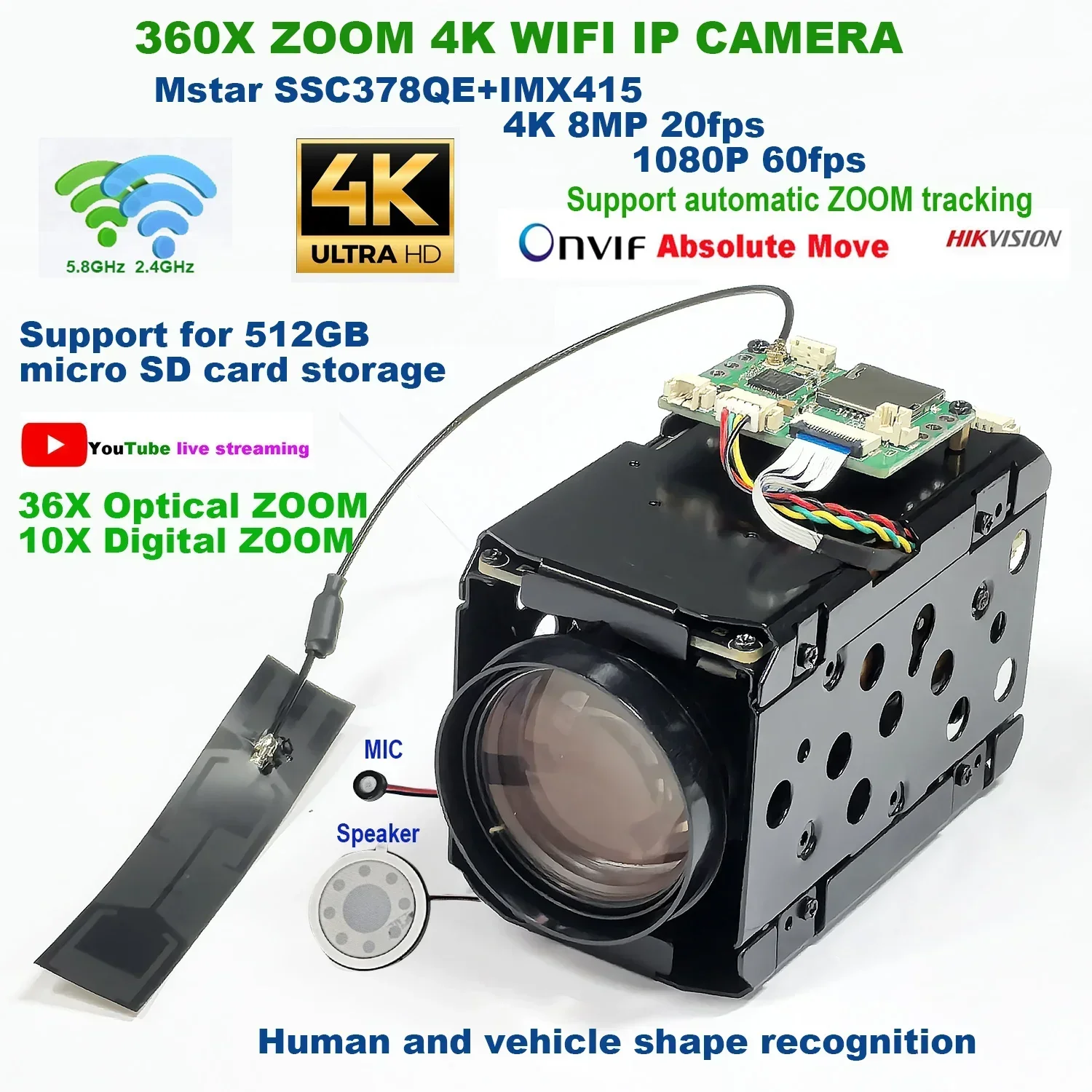 Videolink Wifi Wireless 4K 8MP  IMX415 360X ZOOM RTMP IP Camera Board Auto IRIS Hik Protocol IVM4200 P2P ON VIF SD Card Slot