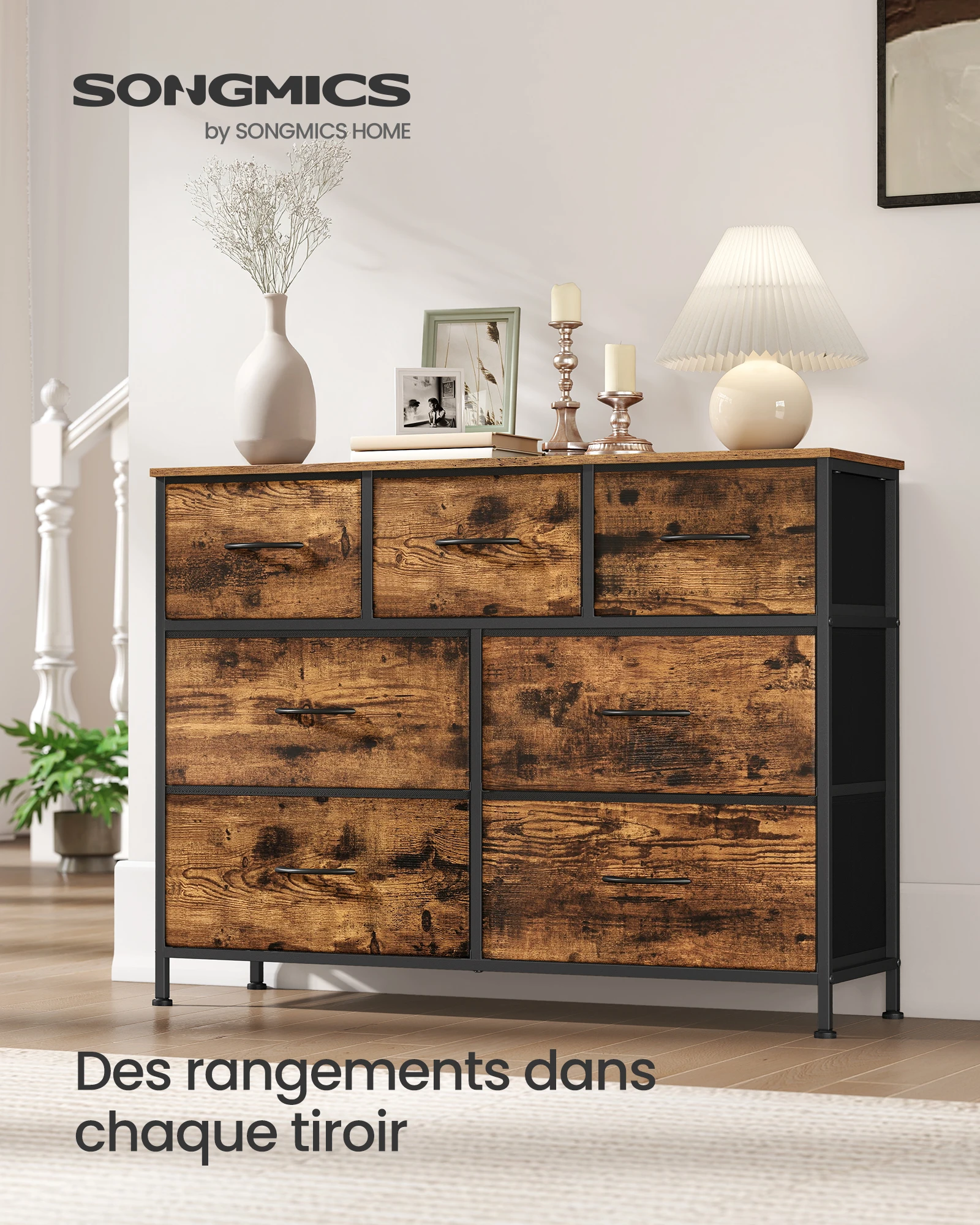 SONGMICS Commode 7 Tiroirs, Meuble de Rangement pour Chambre, Acier, Panneau MDF, Tissu Non-tissé, pour Couloir, Entrée, Salon