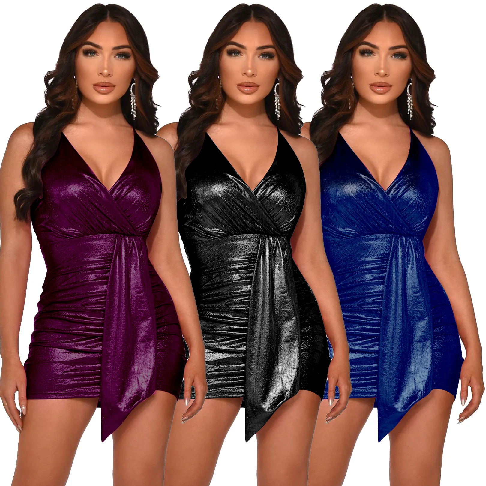 

Women Clothes Fashion Dress New Ladies Bronzing V-neck Bright Sparkling Dresses Sexy Dress