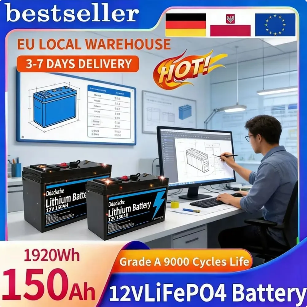 Image of LiFePO4 12V 150Ah Wiederaufladbare Lithium-Batterie mit Integriertem BMS, Geeignet für Elektrofahrräder/Roller, Elektrofahrzeuge und Solarbatterien