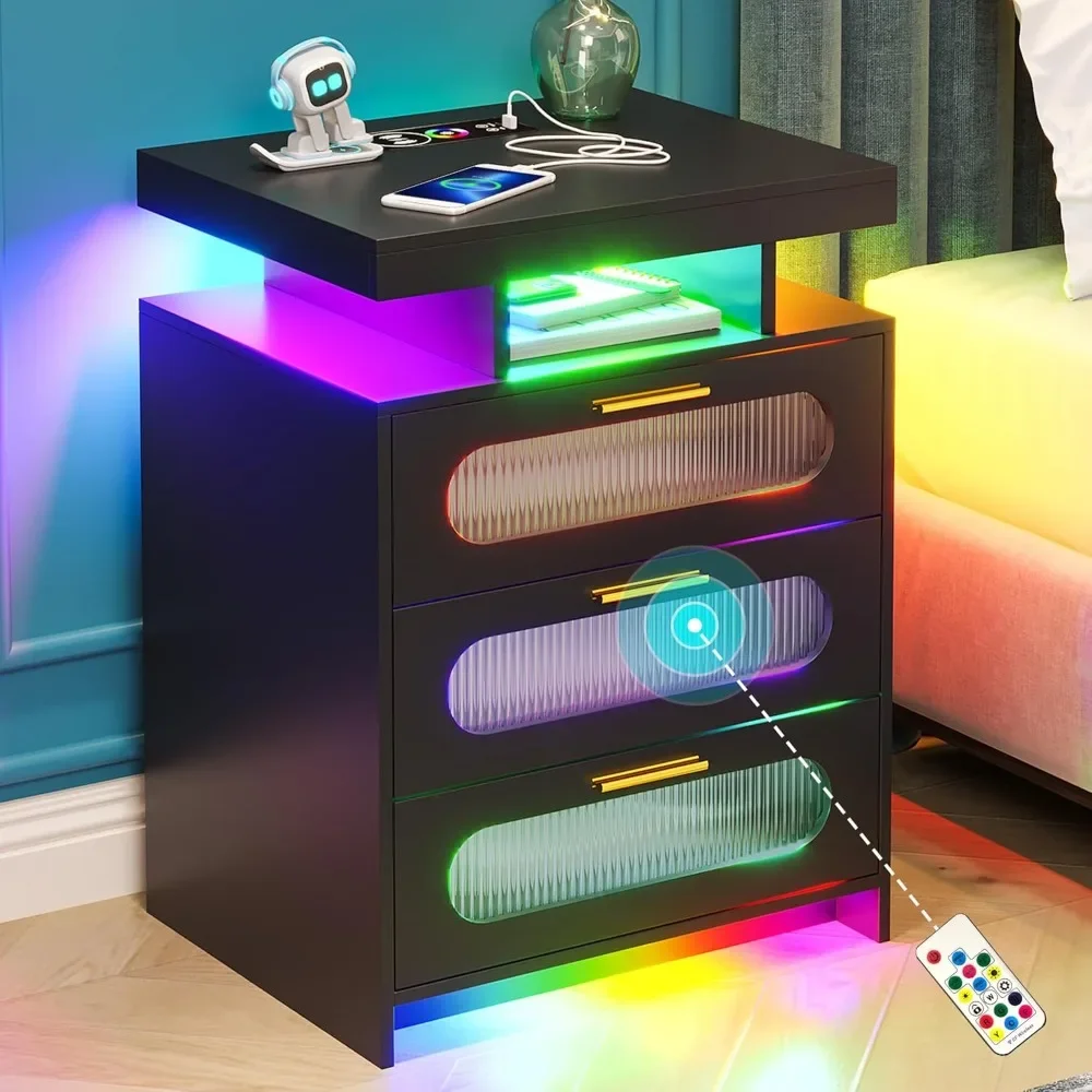 RGB Night Stand with Wireless Charging Station, Modern Bedside Table with 24 Color Lights for Bedroom, USB Port, LED