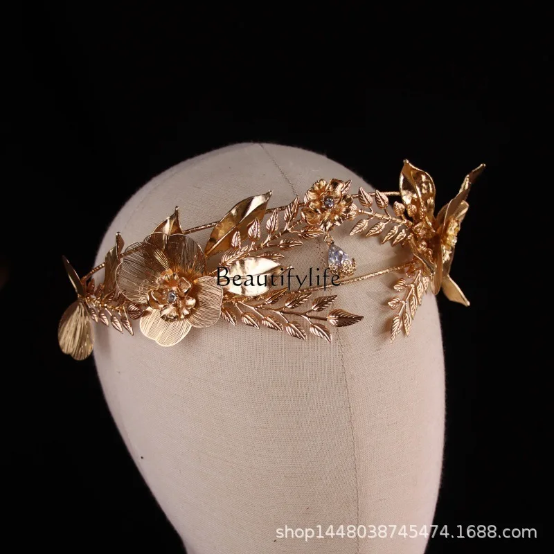 New European and American style retro golden flower leaf crown bride photo studio performance headgear baroque